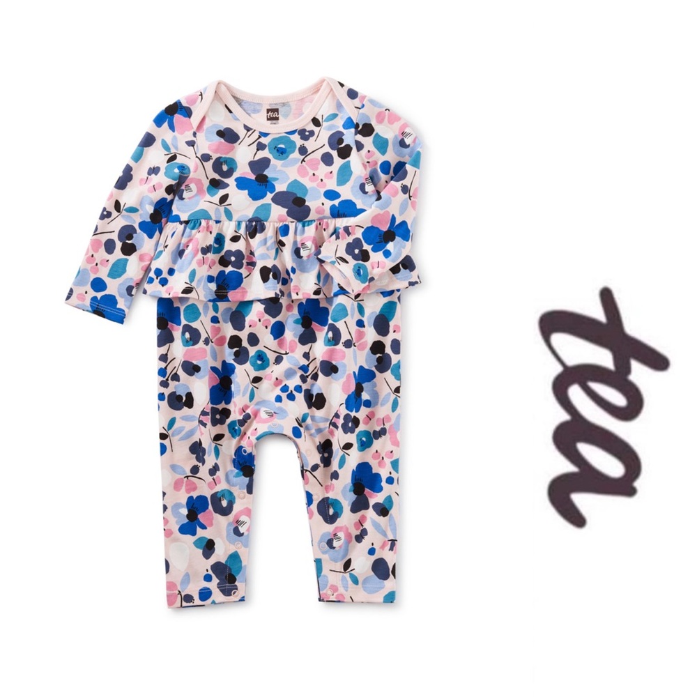 Tea Collection | Pink and Blue Floral Peplum Baby Romper | Size 6-9 Months